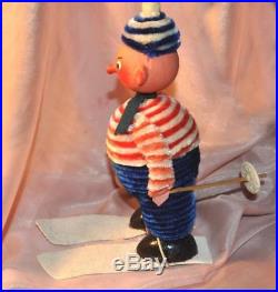 1940's Vtg German Xmas Patriotic Candy Container Bobble Head Skiing Boy Chenille