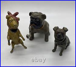 3 Piece Vintage Bull Dog Cast Painted Metal Bobblehead Nodder Figure Germany