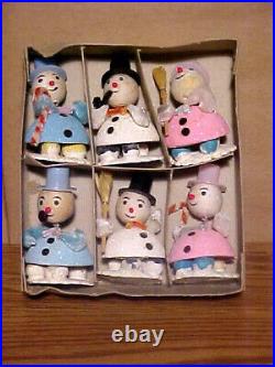 6 Vintage Christmas Putz Snowmen Bobble Head Nodders+Top Hats-Original Box-Japan