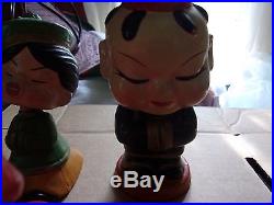 Asian Chinese 4 Japanese Vintage Bobble Heads Wood Dolls