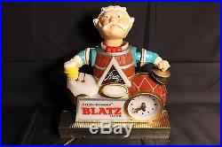 Blatz Lighted Beer Sign Clock Vintage man in barrel bobble head nice condition