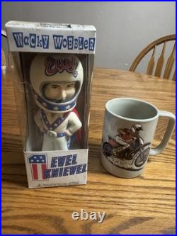 Evil Knievel Vintage Motorcycle Cup and Bobble Head Used Cracked See Pics