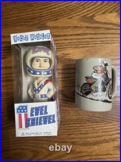 Evil Knievel Vintage Motorcycle Cup and Bobble Head Used Cracked See Pics