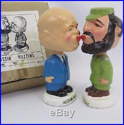 Khrushchev Castro Kissin Kuzzins Nodders 1960s Mache Bobbleheads and Box Vintage