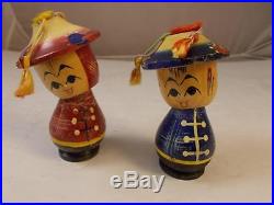 Pair Of 2 Vintage Kokeshi Dolls Japanese Oriental Wood Bobble Heads Handpainted