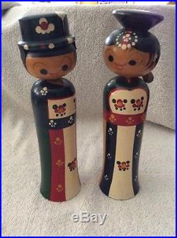Pair Of Tall Vintage Japanese Wooden Kokeshi Dolls With Bobble Heads