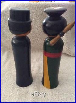 Pair Of Tall Vintage Japanese Wooden Kokeshi Dolls With Bobble Heads