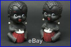 Pair of Vintage Drumming Black Baby Bobblehead Banks with Straw Hats