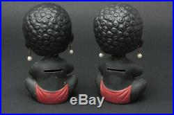 Pair of Vintage Drumming Black Baby Bobblehead Banks with Straw Hats