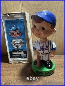 Rare Vintage 1960s Green Base NY Mets Bobblehead Bobble Head Nodder & Box. Mint