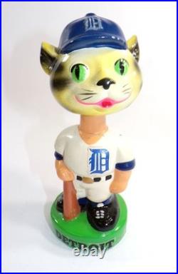 Rare Vintage Bobblehead Nodder Tiger Face Blue Hat Green Base withBat