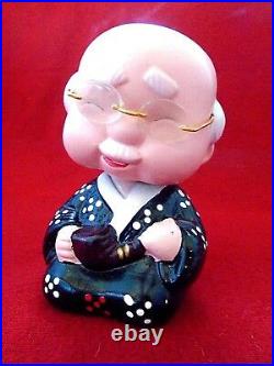 Rare Vintage Japanese Ceramic Bobble Head Bank Old Man with Real Eye Glasses