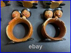Set 8 Vintage ANRI Italy Hand-Carved Double Bobblehead Napkin Rings, Superb