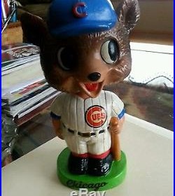 VINTAGE 1960 CHICAGO CUBS GREEN BASE MASCOT BOBBLEHEAD NODDER WithGAME TICKET RARE