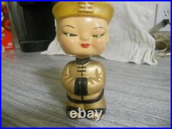 VINTAGE 1960'S CHINESE JAPANESE GIRL WithHAT RHINESTONE BOBBLEHEAD BANK WithSTOPPER