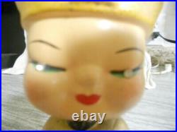 VINTAGE 1960'S CHINESE JAPANESE GIRL WithHAT RHINESTONE BOBBLEHEAD BANK WithSTOPPER