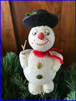 VTG Paper Mache Nodder Snowman Candy Container, Bobble Head, Chenille, Germany