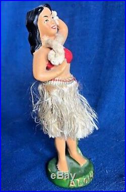 Vintage 1950s Ceramic Chalk Hawaiian Hula Girl Bobble Head Nodder Dashboard Doll