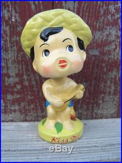Vintage 1950s Ceramic Hawaii KISS ME Bobble Head Nodder Boy Doll with Ukulele