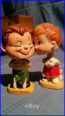 Vintage 1960s'My Hero' Kissing Boy and Girl Bowling Bobble Heads by Lego Japan