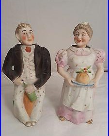 Vintage Bisque Nodder Bobble Head Couple Man Serving Wine Wife Food Tray