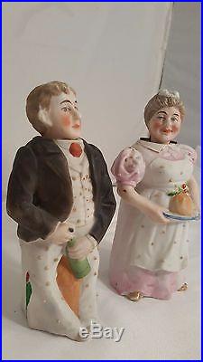 Vintage Bisque Nodder Bobble Head Couple Man Serving Wine Wife Food Tray