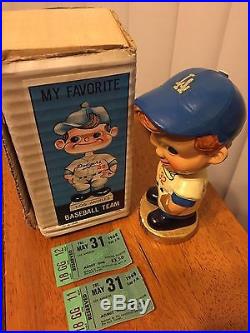 Vintage Bobblehead Los Angeles Dodgers Swirl Cap withBall Gold Base with 2 tickets