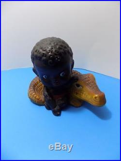 Vintage Ceramic Black Americana Bobble Head Boy On Alligator Florida Souvenir