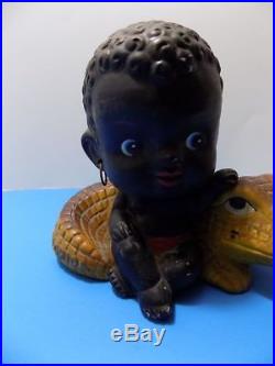 Vintage Ceramic Black Americana Bobble Head Boy On Alligator Florida Souvenir