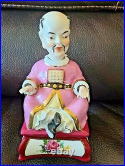 Vintage Chinese Porcelain Seated Buddha Man Nodder Bobblehead