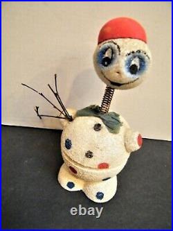 Vintage German Snowman Candy Container Bobble Head Birch Twig West Germany Putz