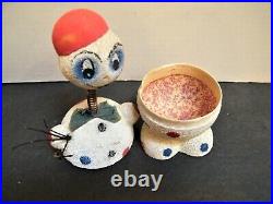 Vintage German Snowman Candy Container Bobble Head Birch Twig West Germany Putz