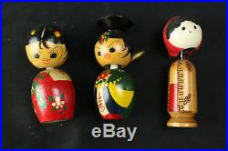 Vintage Japanese Kokeshi Wooden Doll Bobblehead Nodder Collection 15 + Earrings