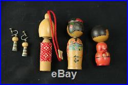 Vintage Japanese Kokeshi Wooden Doll Bobblehead Nodder Collection 15 + Earrings