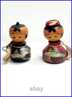 Vintage Japanese Painted Kokeshi Dolls Pair Set Wooden Bobble Head Figures