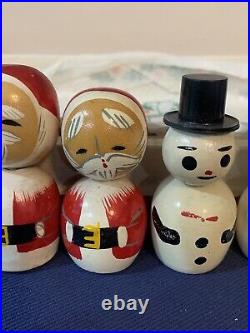 Vintage Kokeshi Bobble Head Nodder Wooden Dolls Santa Snowman Hand Painted 12 Vintage Kokeshi Bobble Head Nodder Wooden Dolls Santa Snowman Hand Painted 12