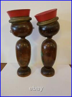 Vintage Mid Century Hand Painted Wood Tribal Bobble Heads Pair Native Palms 11