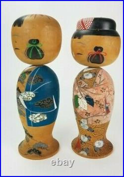 Vintage Pair of Signed 12 Japanese Kokeshi Wood Dolls 1930's Bobble Heads Rare