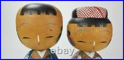 Vintage Pair of Signed 12 Japanese Kokeshi Wood Dolls 1930's Bobble Heads Rare