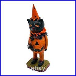 Vintage Paper Mache Halloween Cat Bobble Head Figurine Pumpkin Spider RARE