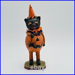 Vintage Paper Mache Halloween Cat Bobble Head Figurine Pumpkin Spider RARE