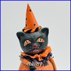 Vintage Paper Mache Halloween Cat Bobble Head Figurine Pumpkin Spider RARE