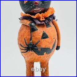 Vintage Paper Mache Halloween Cat Bobble Head Figurine Pumpkin Spider RARE