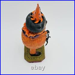 Vintage Paper Mache Halloween Cat Bobble Head Figurine Pumpkin Spider RARE