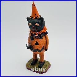 Vintage Paper Mache Halloween Cat Bobble Head Figurine Pumpkin Spider RARE