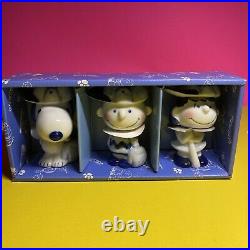 Vintage Peanuts Sun Hing Ceramic Baseball Bobblehead Set of 3 / Original Box BG