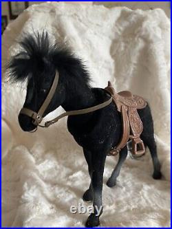 Vtg Antique Rare Black Felt-covered Plastic Bobblehead Horse With Saddle Bridle