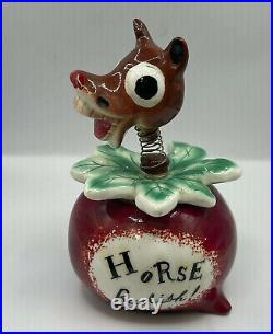 Vtg Davar Horse Radish Bobble Head Spring Condiment Pixieware Jar With Spoon HTF