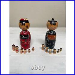 Vtg Japanese Family Wooden Kokeshi Nesting Bobblehead Dolls & Children, Set of 14