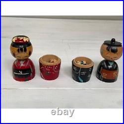 Vtg Japanese Family Wooden Kokeshi Nesting Bobblehead Dolls & Children, Set of 14